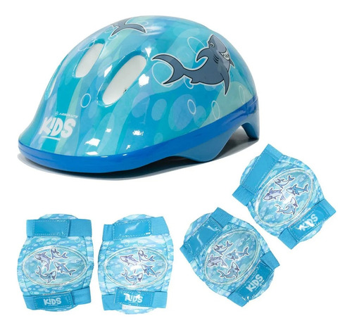 Kit Capacete + Proteção Infantil Absolute Azul Tubarão Cor Azul-celeste Tamanho M