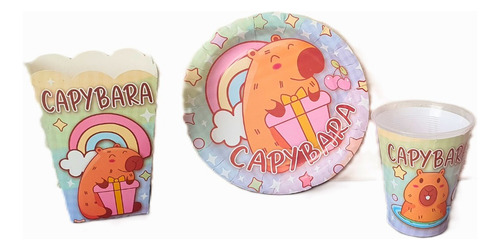 Kit Platos, Vasos Y Palomeros Para 10 Invitados Personajes Capibara