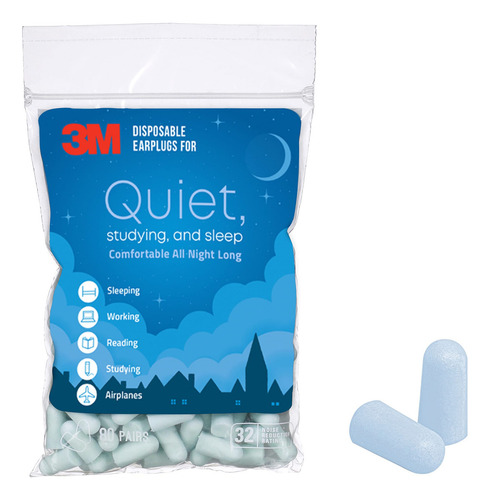 Tapones Auditivos Desechables 3m, Protección Auditiva Para Dormir Y Descansar, Azul Claro, 32 Nrr, 80 Pares En Una Bolsa Resellable