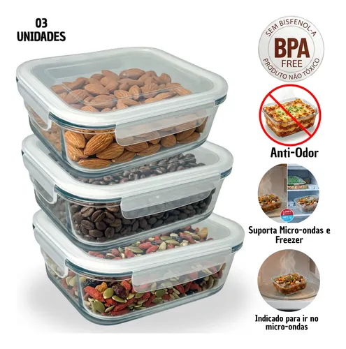 Kit Potes Vidro Hermético Com Tampa Marmita Conjunto Pote3 Tampa Transp. Com Branco