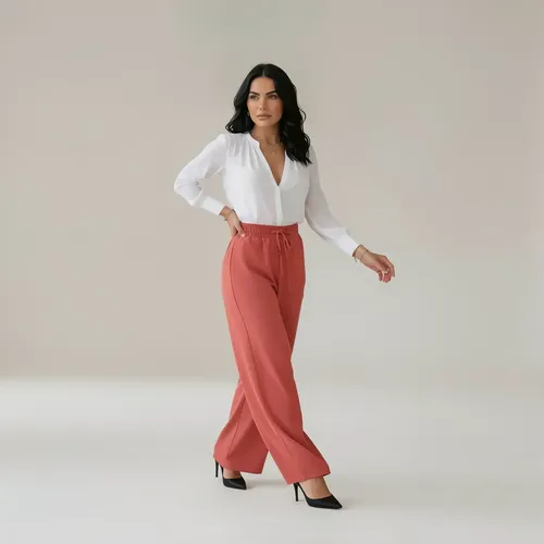 Calça Pantalona Feminina Cintura Alta Com Bolso Duna Premium