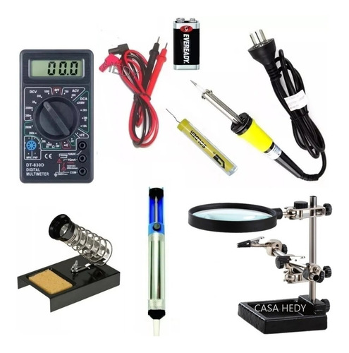 Imagen 2 de 3 de Kit Tecnico 7 Pzas Tester Soporte Apoya Soldador Estaño Lupa