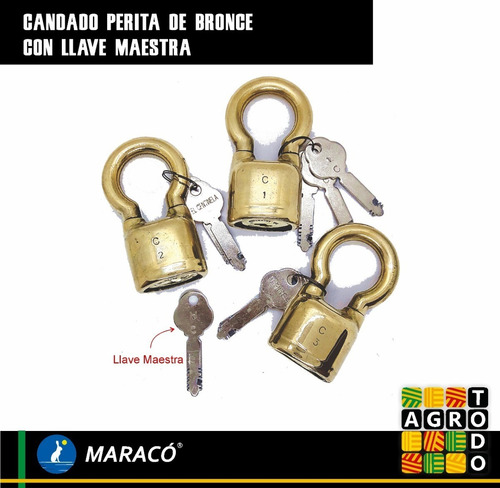 Imagen 3 de 5 de Candado Perita 227 De Bronce Con Llave Maestra Con Iva