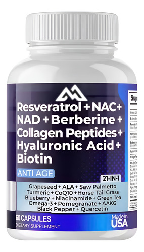 Resveratrol Nac Nad+ Berberina Biotin 21 En 1 E 60 Cápsulas