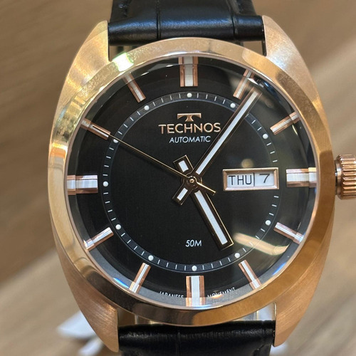 Relógio Technos Masculino Automatico Rosé - 8205ot/0p Correia Preto Bisel Preto