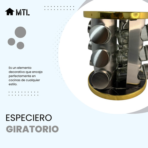 Especiero Giratorio Mtl 12 Frascos Negro Y Dorado Jaspeado