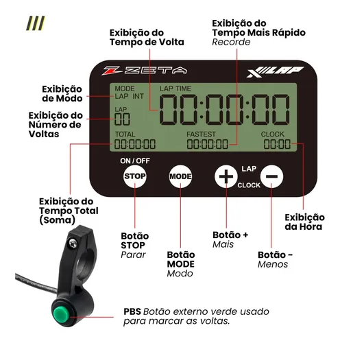 Cronometro De Voltas Motocross Zeta X-lap Para Guidão 22 Mm
