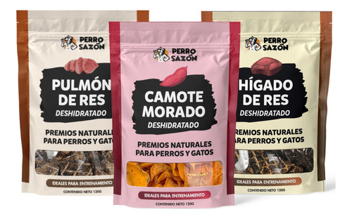 3 Pack Premios Deshidratados Pulmón, Hígado Y Camote 360 G