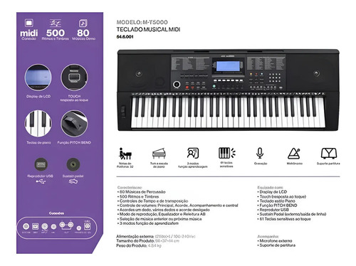 Kit Teclado Mxt M-t5000 61 Teclas + Suporte + Pedal + Capa Cor Preto