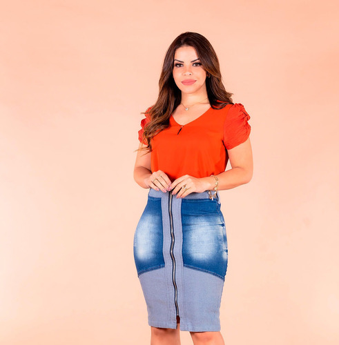 Imagem 3 de 5 de Saia Jeans Lápis Moda Evangélica Dual Color Destroyed Joyaly