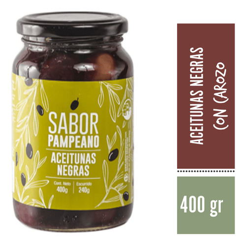 Aceitunas Negras Con Carozo N° 00 Frasco de Vidrio peso 400 gramos Conserva En Salmuera Sabor Pampeano