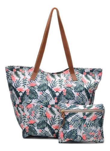 Bolsa Feminina Saco Estampada Floral Zíper + Necessaire Cor Verde-escuro