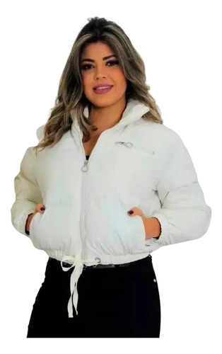 Jaqueta Puffer Feminina Bobojaco Couro Pu  Zíper E Bolsos