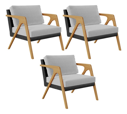 Kit 03 Poltronas Pietra Couríssimo Preto Linho Cinza Desenho do tecido Liso