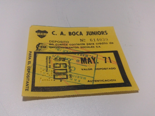 Recibo C A Boca Juniors Ciudad Deportiva Mayo 1971 