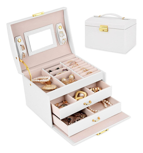 Caja Organizadora De Joyas Cuero Con Llave, 3 Niveles Joyero