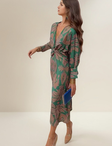 Vestido Midi Com Estampa De Outono 2024wish Com Decote Em V