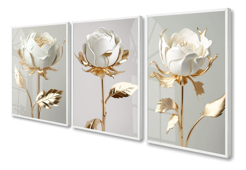 Kit Quadro Decorativo Flores Douradas Luxo Vidro Clean Sala