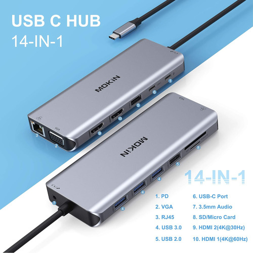 Docking Station 14en1 Usb-c 2-hdmi Vga 5-usb Sd/tf
