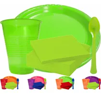 Comprar 80 Platos Y 80 Vasos Neón Con 80 Cucharas Y 100 Servilletas