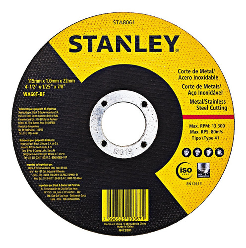 Disco Corte Metal/ Inox 115mm X 1,0mm X 22mm Stanley Sta8061