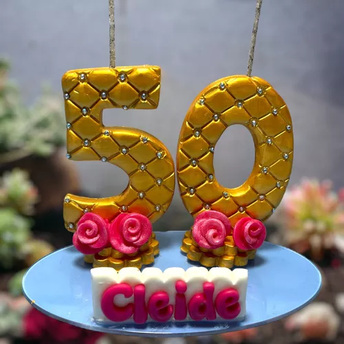 Decoração de aniversário Dourada para bolo + velas 50 anos