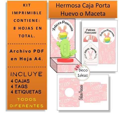 Imagen 4 de 6 de Kit Imprimible 01 Pascuas Caja Porta Huevo O Maceta+tarjetas