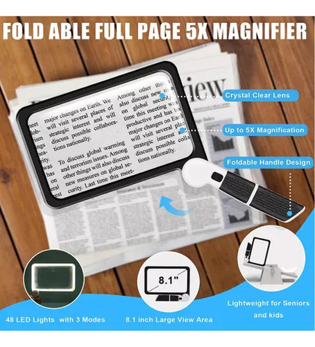 Lupa De Lectura Plegable De Mano Cuadrada De 48 Led 5x
