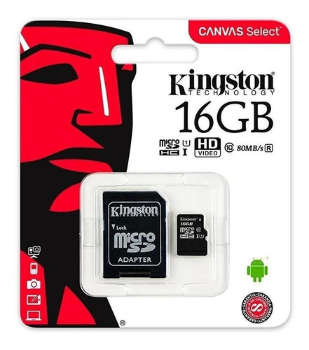 Tarjeta De Memoria Micro Sdhc De 16gb Kingston Canvas Select Clase 10 Uhs-i 80mb/s Con Adaptador Sd Celulares Y Tabletas
