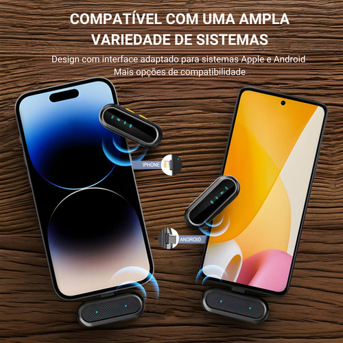 Microfone De Lapela Sem Fio Duplo Tipo-c E iPhone Som Profissional Com Modo Compartilhado Ou Independente Para Gravações Vídeos E Lives Com Áudio Limpo E Cancelamento De Ruído Plug Play Bateria Longa