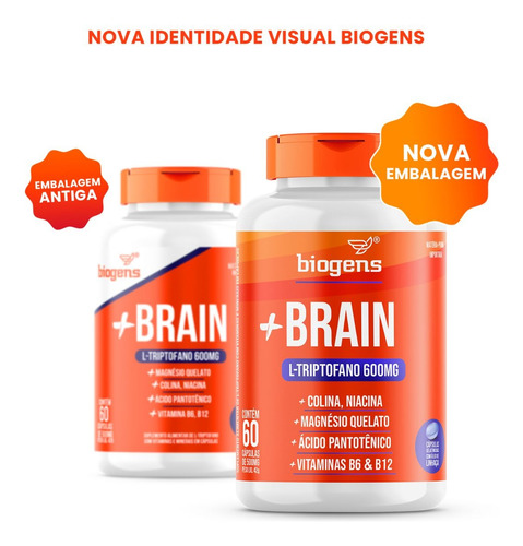 + Brain Triptofano 600mg Colina Relax Foco 60 Cáps Bigens