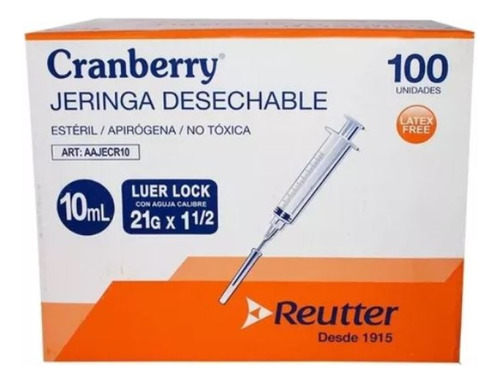 Jeringa Desechable Luer Lock 10cc 21g X 1 1/2 Caja 100 Unid