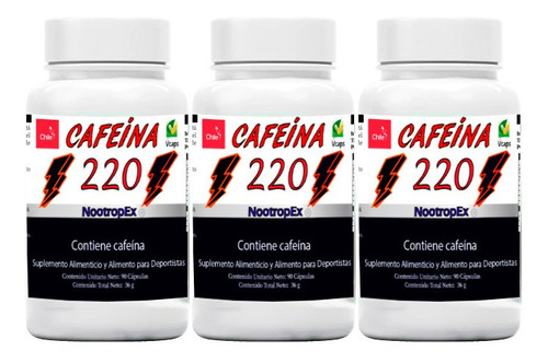 Cafeína 220 Mg 90 Cápsulas Vegetales X 3 Frascos 