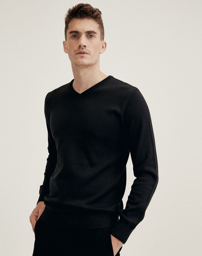 Sweater Nidda, Hombre, Escote V, Algodón, Negro, Equus