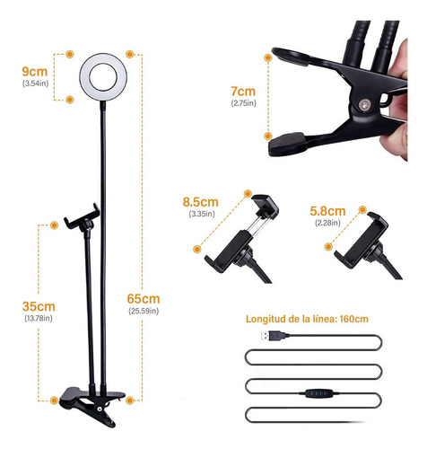 Imagen 4 de 7 de Aro De Luz Led Con Soporte Flexible Ajustable Para Celular