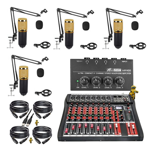 Kit Setup Bancada Podcaster 1 Interface Audio 4 Mic Bm800