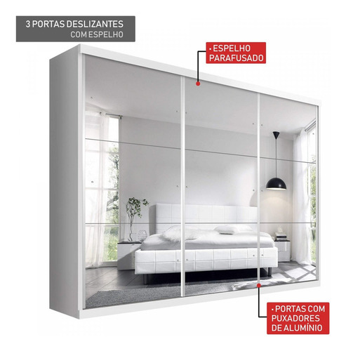 Guarda Roupa Casal Com Espelho 3 Portas De Correr 4 Dh Cor Branco
