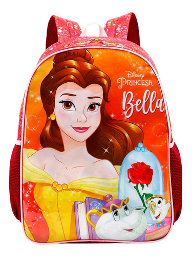 Mochila Escolar A Bela E A Fera Disney Poliéster 42x30x15 Cm