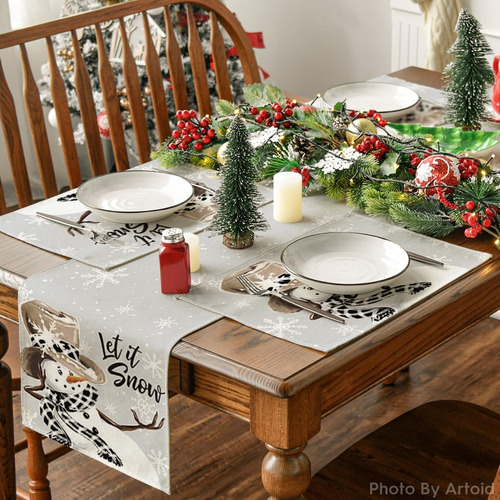 Decoracion Navideña De 8 Piezas Manteles Diseño Snowman Silver