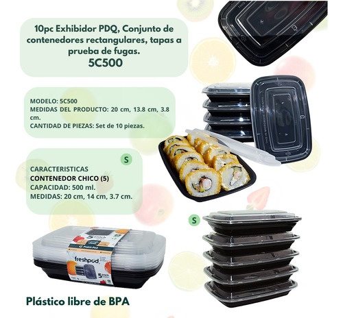 10pc Exhibidor Set Con Tapas Aprueba De Fugas 5c500 Transparente