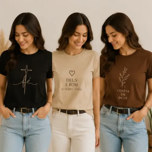 Kit 3 Camiseta Feminina Cristã Religiosa Algodão Premium