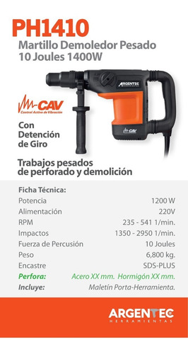 Imagen 3 de 4 de Martillo Demoledor Argentec Ph1410 Rotomartillo Sds