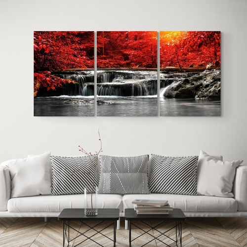 Imagen 2 de 5 de Cuadro Decorativo Mural Triptico Cascada 126x60 Mdf
