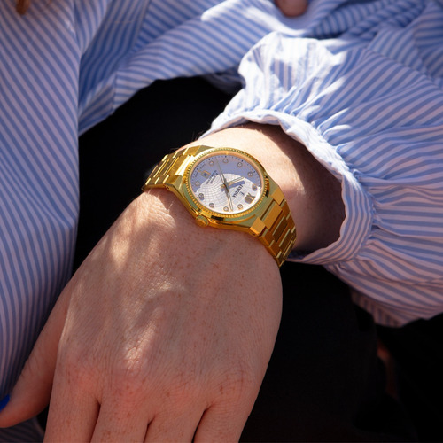 Reloj Festina Swiss Made Mujer Rive Plateado Correa Dorado Bisel Dorado