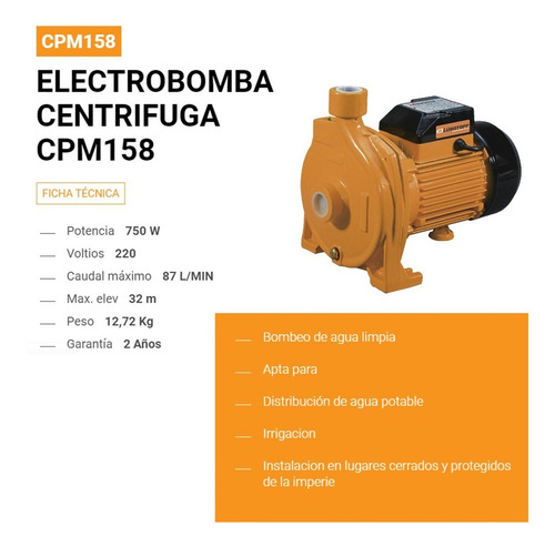 Bomba centrífuga Lüsqtoff CPM158 0.75hp color naranja 50Hz 220V