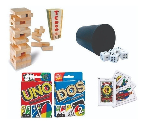 Combo 5 Juegos Cartas Uno Y Dos Generala Jenga Y Naipes