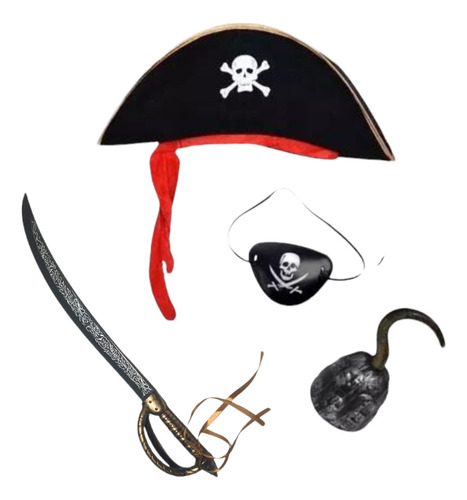 Kit Disfraz Pirata Sombrero Parche Aro Pañuelo Halloween 