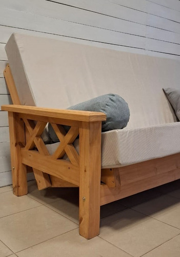Futón 3 Cuerpos + 2 Colchones De Placa Tapizado En Pana Roble Claro Pana Beige