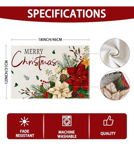 4 Manteles Individuales De Navidad De 12 X 18 Pulgadas, Dise