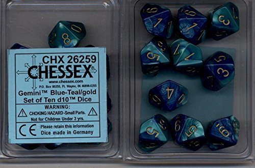 Dados Chessex D10: Azul / Verde Con Oro - D10